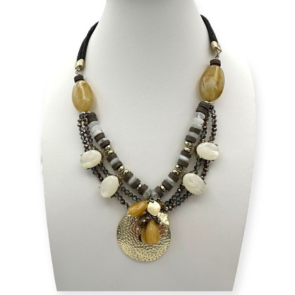 Chico's costume necklace, black strand with beads statement earth tones